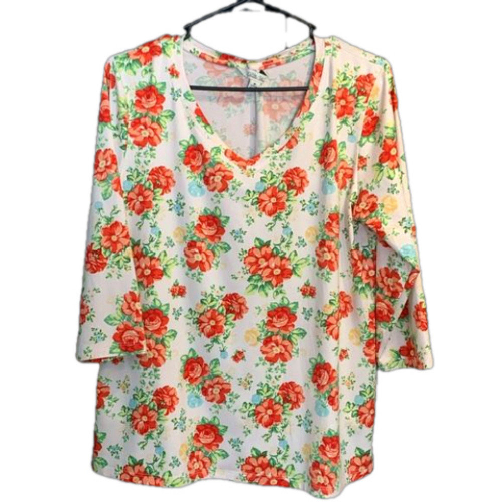 Pioneer Woman White Floral V-Neck T-Shirt 3/4 Sleeves, SZ M
